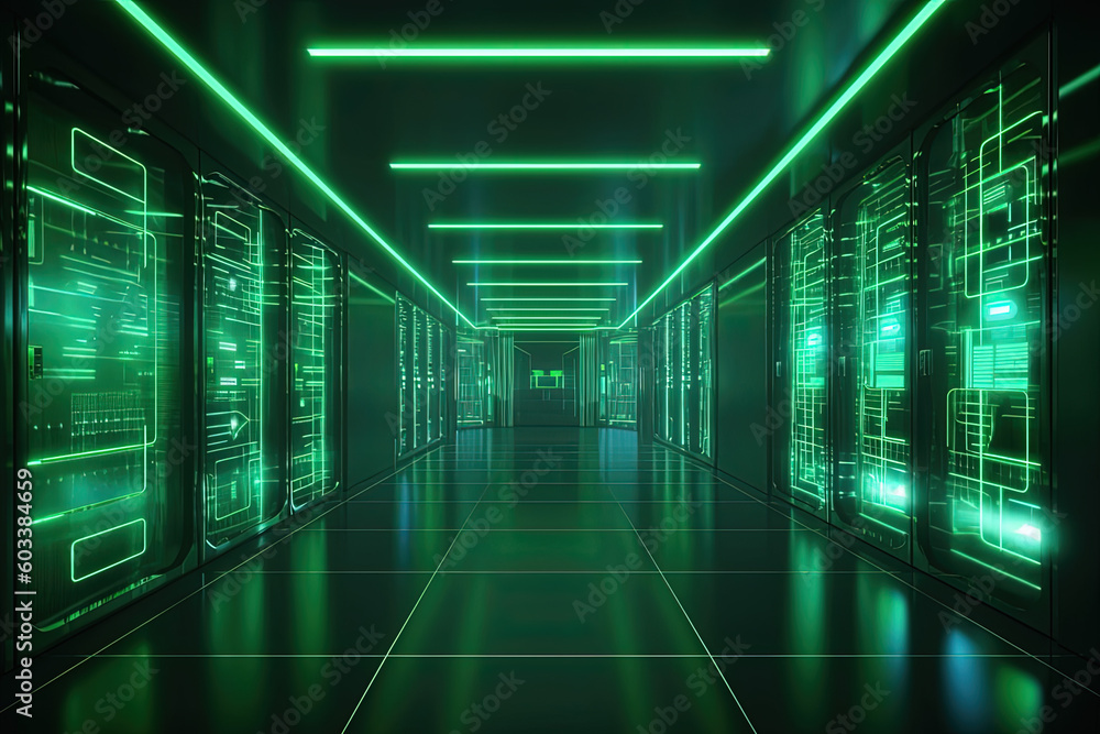 Data server center background, digital hosting, green neon lights