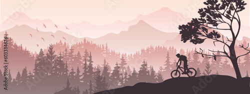 Silhouette of mountain bike rider in wild nature landscape. Mountains, forest in background. Magical misty nature. Violet illustration.