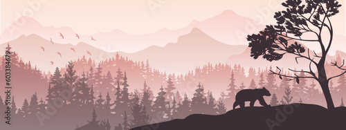 Silhouette of bear climb up hill. Tree in front, muntains and forest in background. Magical misty landscape. Illustration, horizontal banner.