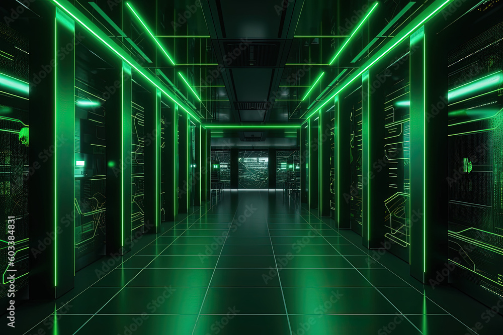 Data server center background, digital hosting, green neon lights Data server center background, digital hosting, green neon lights