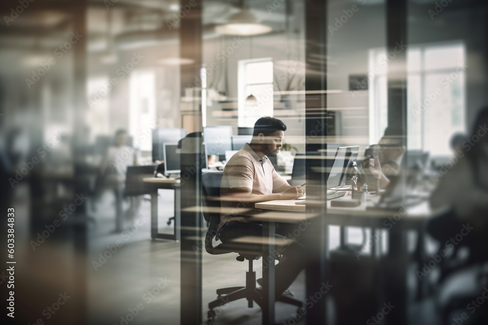 Blurred image of a multitasking employee with a busy office environment, business, blurred Generative AI Blurred image of a multitasking employee with a busy office environment, business, blurred Generative AI