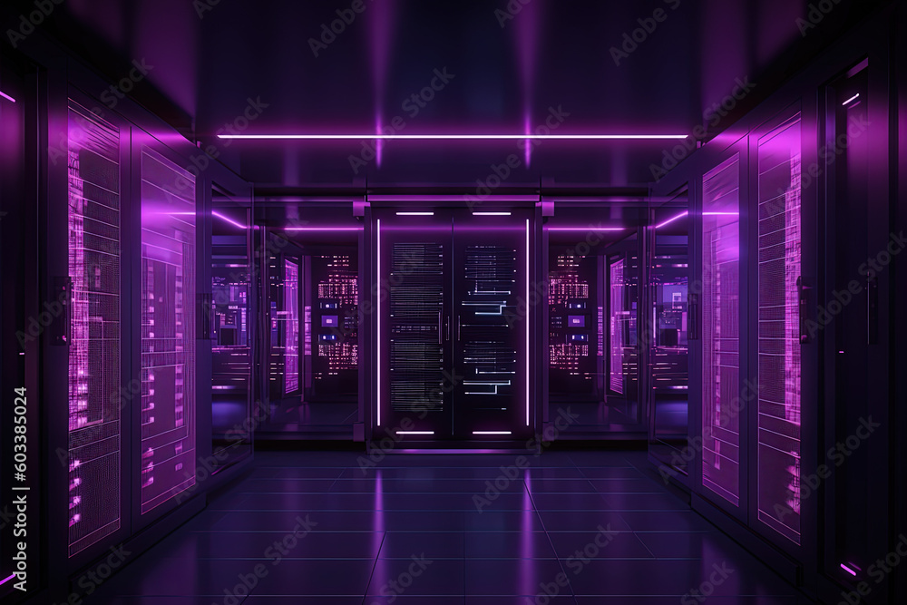 Data server center background, digital hosting, purple neon lights Data server center background, digital hosting, purple neon lights