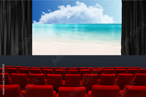 Cinema screen with red seats. Movie premiere poster design. Vector background.