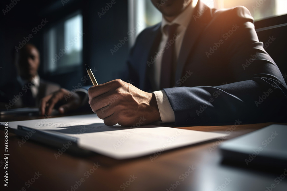 Blurred image of a person signing documents at a desk, business, blurred Generative AI Blurred image of a person signing documents at a desk, business, blurred Generative AI