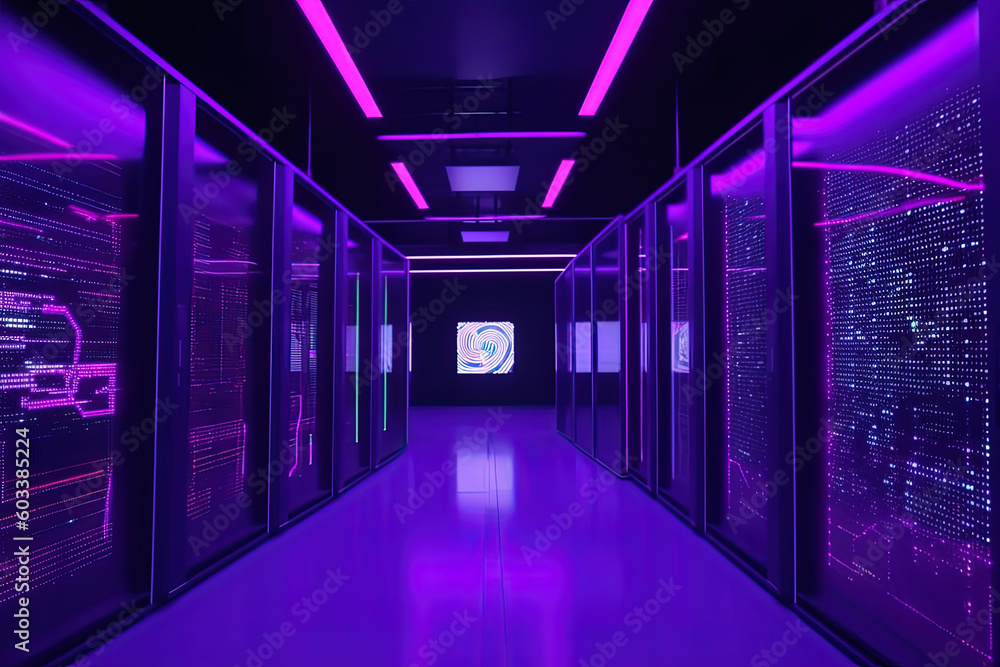 Fototapeta premium Data server center background, digital hosting, purple neon lights