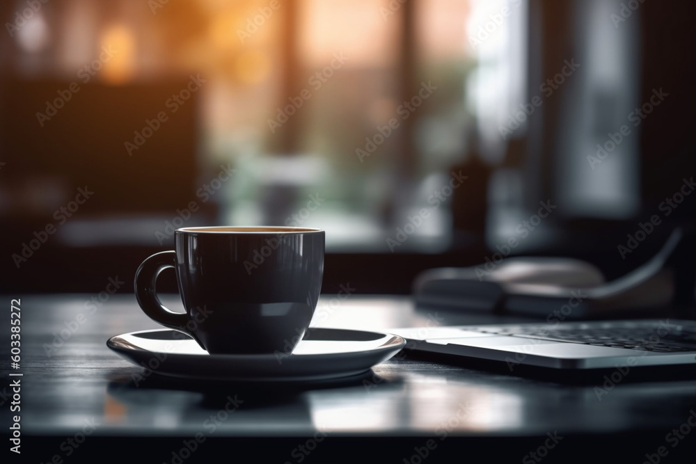 Blurred background of a desk with a laptop and a cup of coffee, business, blurred Generative AI Blurred background of a desk with a laptop and a cup of coffee, business, blurred Generative AI