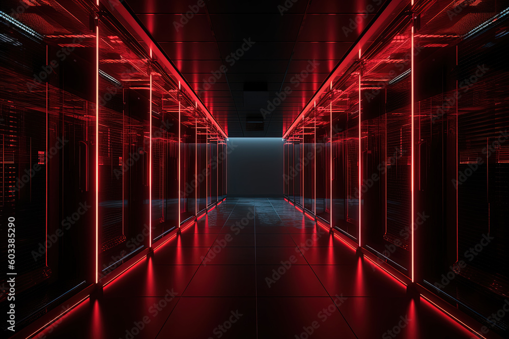 Data server center background, digital hosting, red neon lights