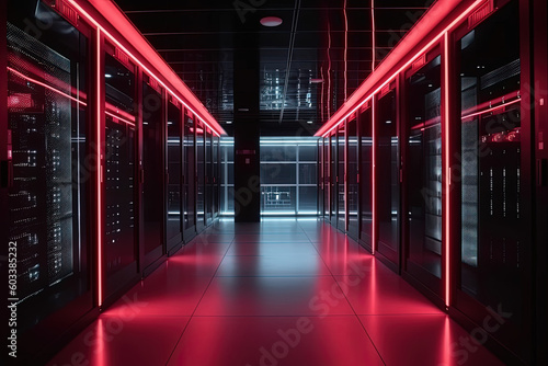 Data server center background, digital hosting, red neon lights