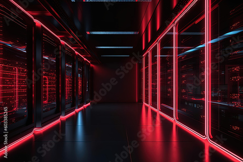 Plakat Data server center background, digital hosting, red neon lights
