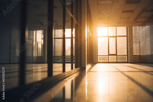 Blurred view of office windows with sunlight streaming in, business, blurred Generative AI