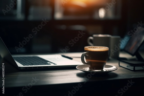 Blurred background of a desk with a laptop and a cup of coffee, business, blurred Generative AI