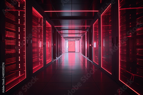 Data server center background, digital hosting, red lights