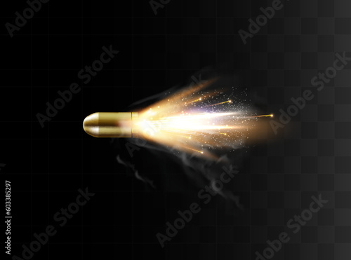 Gunshots, bullet in motion, military smoke trails. Realistic flying bullet in motion. Smoke traces isolated on transparent background. Handgun shoot trails.