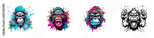 Orangutan muzzle illustration. The head of a gorilla with colored paint splashes. Vector illustration.