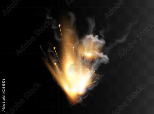 Gun flashes with smoke and fire sparkles. Pistol shots clouds, muzzle shotgun explosion. Blast motion, weapon bullets trails isolated on black background.