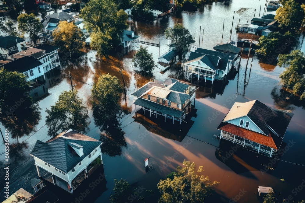 Aerial drone view  of flooded homes during flood event - AI Generated