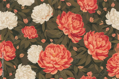 Vector pattern with pink and white flowers
and small peony buds, green leaves. 
Floral background.