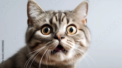 Young crazy surprised cat make big eyes closeup. surprised kitten funny face big eyes. AI Generative © We3 Animal