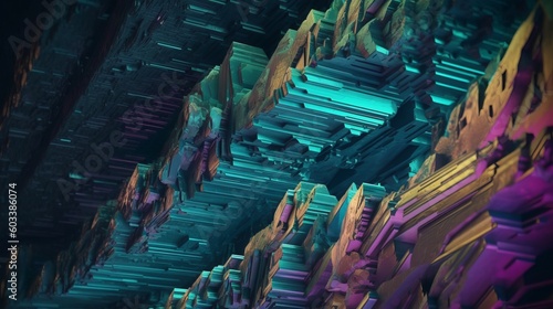 3D render art of iridescent bismuth rock wall