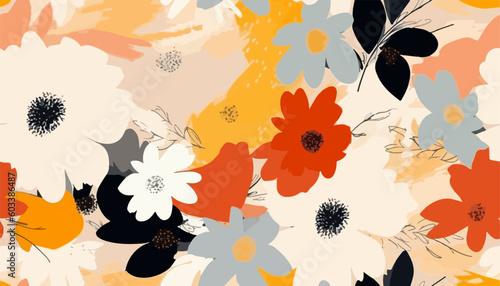Hand drawn simple abstract flowers print. Trendy bright collage pattern. Fashionable template for design