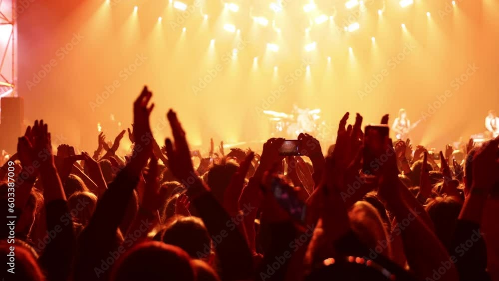 The happy crowd in a concert hall. Silhouettes of raised hands