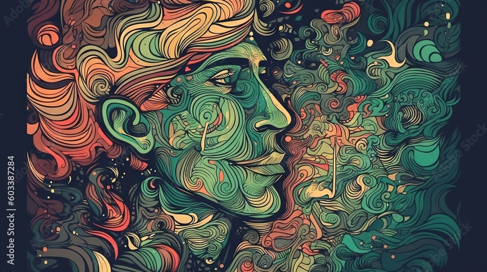 a drawing of a man's face with colorful swirls. generative ai a drawing of a man's face with colorful swirls. generative ai