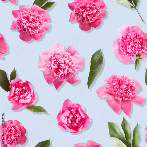 Seamless pattern of pink peony flowers photo on light blue color background © justesfir