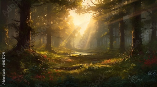  a painting of a sunbeam in a forest filled with trees.  generative ai