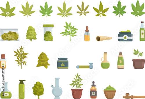 Cannabis icons set cartoon vector. Weed hemp. Grow plant