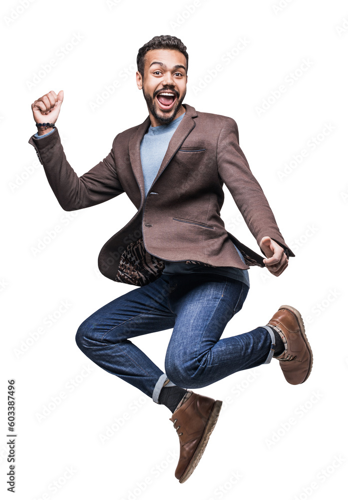 Handsome smiling young man celebrating isolated in transparent PNG, Full length studio portrait of jumping laughing joyful cheerful men over white background
