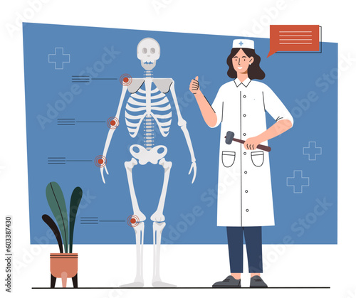 Concepts of rheumatology. Woman in medical uniform next to skeleton. Health care, diagnosis and treatment options. Biology and anatomy, surgery. Cartoon flat vector illustration