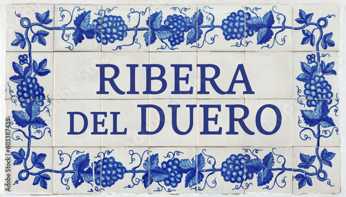 Ribera del Duero on Frame of Azulejos (name of Portuguese tiles) with blue bunches of grapes