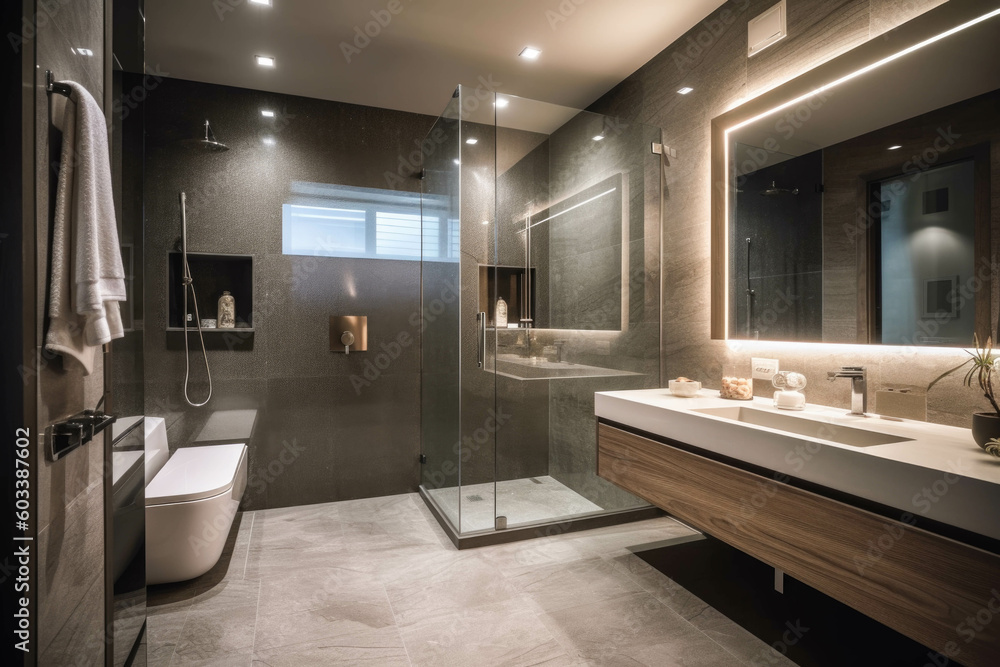A sleek and modern bathroom with a floating vanity, a glass-enclosed shower, and ambient lighting for a contemporary and spa-like experience. Generative AI A sleek and modern bathroom with a floating vanity, a glass-enclosed shower, and ambient lighting for a contemporary and spa-like experience. Generative AI