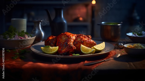 flavorful tandoori chicken dinner succulent marinated chicken cooked in a traditional clay oven, served with aromatic spices and accompanied by a variety of side dishes. generative ai