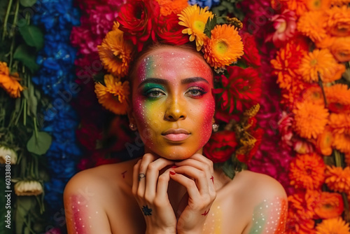 Generating AI illustration of a sexy young lesbian girl with a flower crown on her head and colorful face paint against a multicolored background of flowers photo