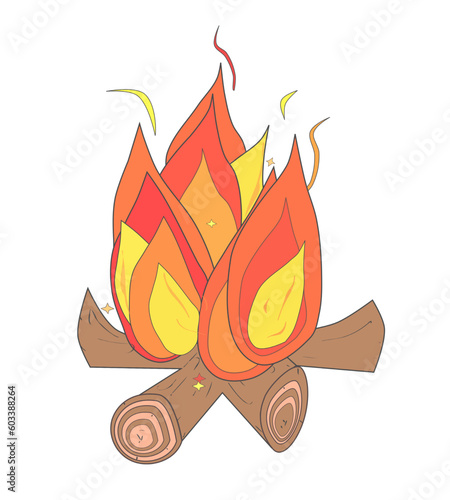 Hoguera aislada con llamas y madera ardiendo. Fuego quemando ramas. Dibujo vectorial.