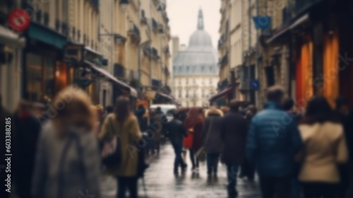 Blurred Crowded Street of Paris, perfect for background or presentation. City architecture image, blur. Generative AI illustration.