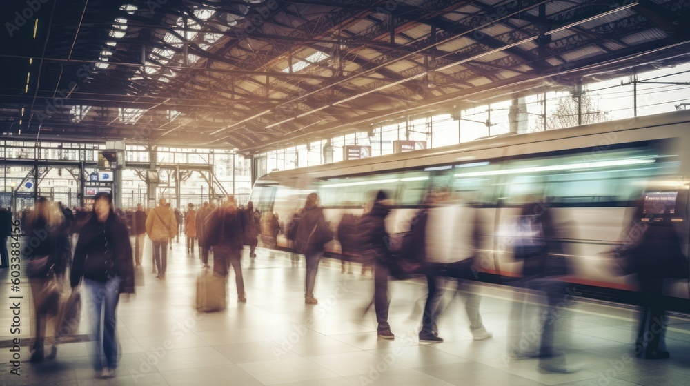 Blurred Train Station Crowded with People. Motion Blur, Fast Movement Effect, Perfect for Background or Rresentation. Generative AI illustration. Blurred Train Station Crowded with People. Motion Blur, Fast Movement Effect, Perfect for Background or Rresentation. Generative AI illustration.