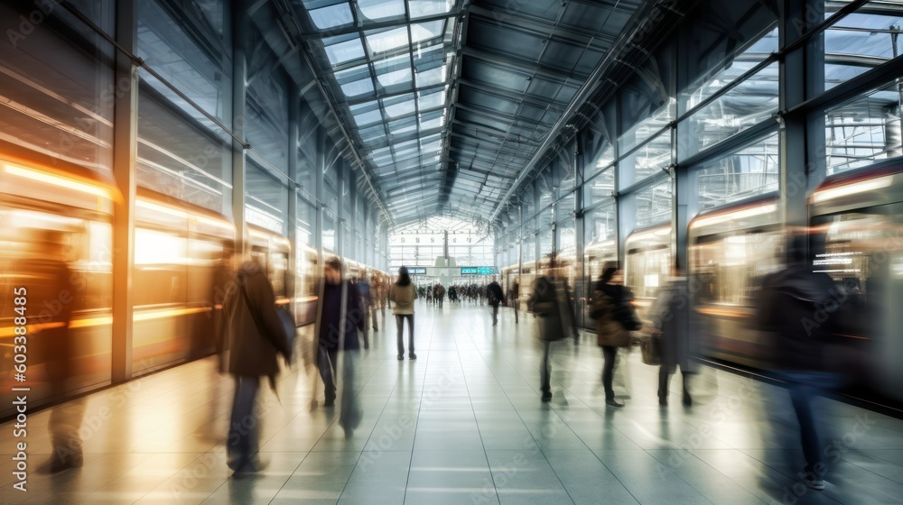 Blurred Train Station Crowded with People. Motion Blur, Fast Movement Effect, Perfect for Background or Rresentation. Generative AI illustration. Blurred Train Station Crowded with People. Motion Blur, Fast Movement Effect, Perfect for Background or Rresentation. Generative AI illustration.