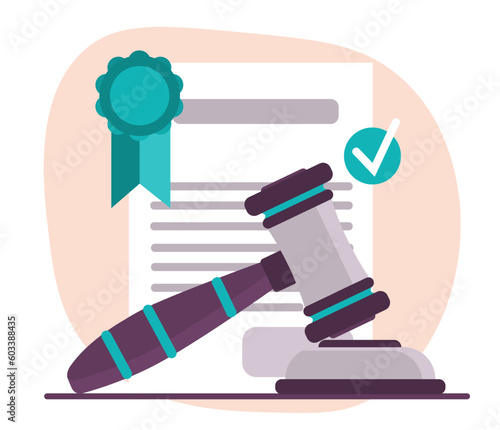 Judge gavels with contract. Legal protection and notes of transaction. Business contract and agreement. Jurisprudence and laws. Privacy policy. Cartoon flat vector illustration