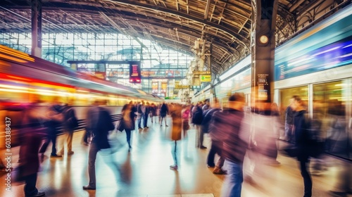 Blurred Train Station Crowded with People. Motion Blur  Fast Movement Effect  Perfect for Background or Rresentation. Generative AI illustration.