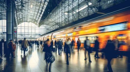 Blurred Train Station Crowded with People. Motion Blur, Fast Movement Effect, Perfect for Background or Rresentation. Generative AI illustration.