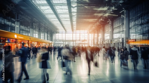 Blurred Train Station Crowded with People. Motion Blur, Fast Movement Effect, Perfect for Background or Rresentation. Generative AI illustration.