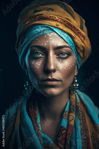 Generative AI illustration of Beautiful young berber woman with turban dressed in costume, jewelry and tribal tattoos photo