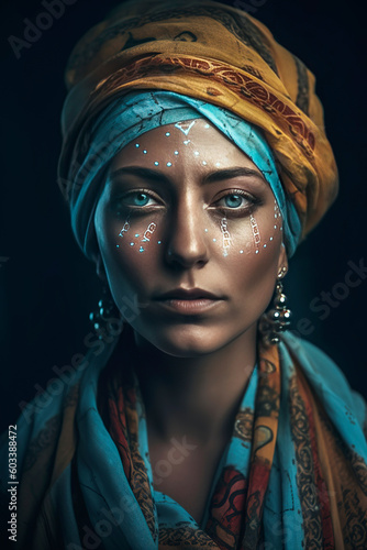 Generative AI illustration of Beautiful young berber woman with turban dressed in costume, jewelry and tribal tattoos