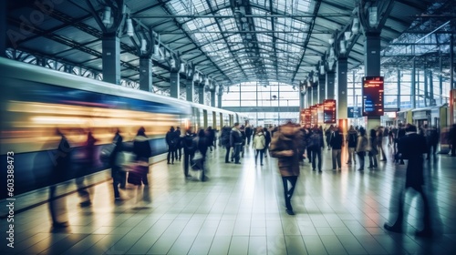 Blurred Train Station Crowded with People. Motion Blur, Fast Movement Effect, Perfect for Background or Rresentation. Generative AI illustration. © Tuyres