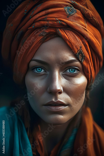 Generative AI illustration of Beautiful young berber woman with turban dressed in costume, jewelry and tribal tattoos