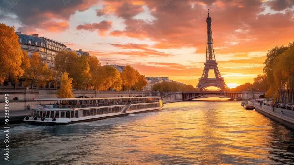 Fototapeta premium Paris Eiffel Tower and river Seine at sunset in Paris, France. Eiffel Tower is one of the most iconic landmarks of Paris., Generative AI