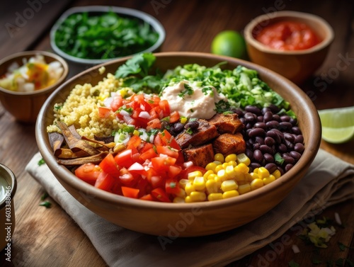 burrito bowl, artfully arranged with colorful and flavorful ingredients, showcasing the perfect combination of rice, beans, grilled vegetables, fresh toppings, and savory sauce - Generative AI