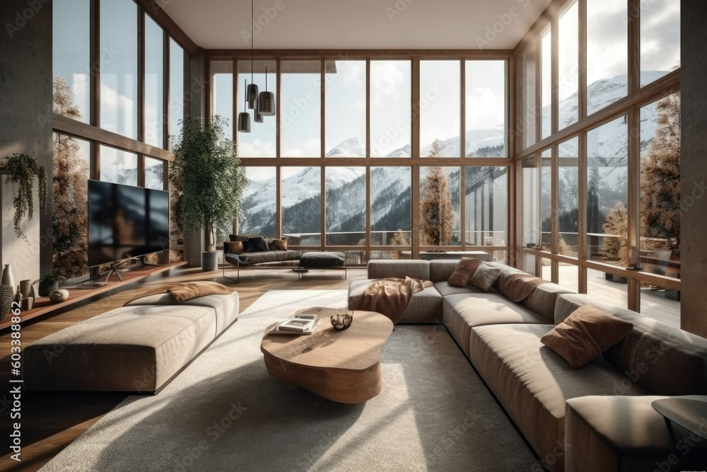 Fototapeta premium modern cozy bright Living Room with large panoramic windows overlooking the Alps. Generative AI